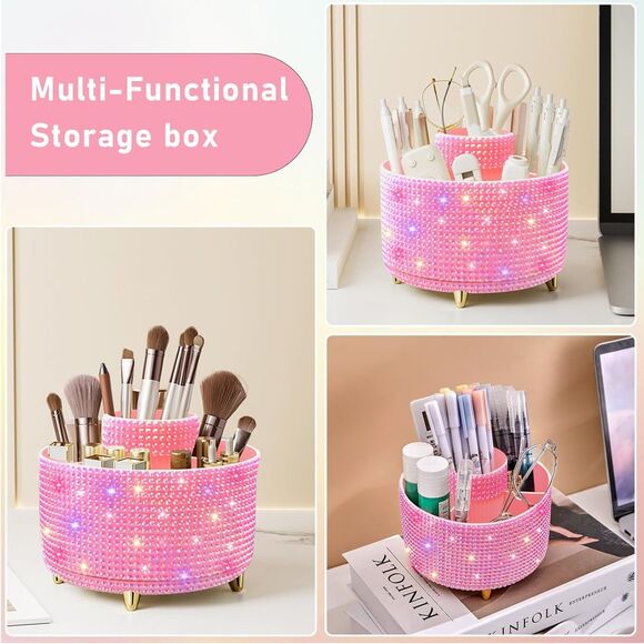 Diesisa 5Slot Makeup Brush Diamond Pink Cup 360° Rotating Makeup Brush Holder - Picture 2 of 5